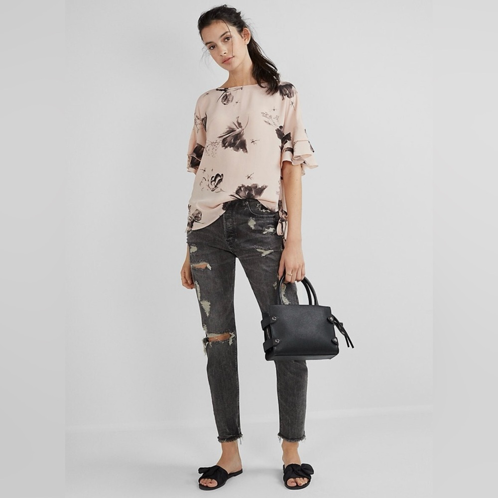 Express Floral Ruffle Side Tie Dolman Blouse   - Pink and Black